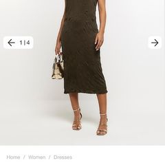River Island high neck bodycon midi khaki crinkle dress