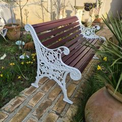 Garden Bench Cast iron fully restored seat outside outdoor garden sitting treated timber decorations, furniture patio  decking, home house cottage ignore flowers pots plants, garden statue chair  swing patio heater bbq hammock sun  farm shop gift
