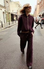 Fab Zara Dark Burgundy Suede Effect Hoodie Jacket and Matching Wide Leg Trousers Co Ord   UK 14