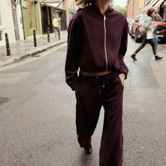 Fab Zara Dark Burgundy Suede Effect Hoodie Jacket and Matching Wide Leg Trousers Co Ord   UK 14