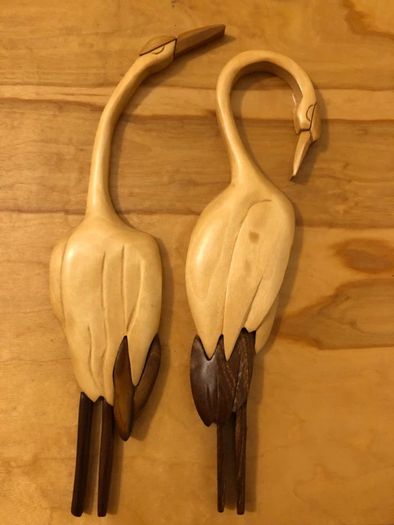 Vintage 60cm Vietnamese 3D Wood Intarsia Relief Art - Hand Carved Crane Longevity Panel