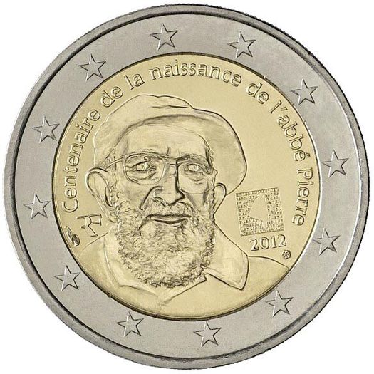 France 2 Euro Commemorative Coin 2012 - 100th Anniversary of Abbe Pierre s Birth. Uncirculated.