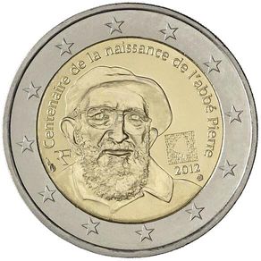 France 2 Euro Commemorative Coin 2012 - 100th Anniversary of Abbe Pierre s Birth. Uncirculated.