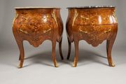 Pair of Mahogany and Kingwood Veneer Marble Top Bombe Bedside Lockers / Nightstands