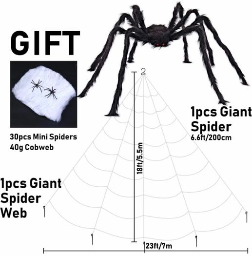 Giant Spider 6.6ft - 200cm, Spider Web 23ft - 700cm, 30pcs Plastic Spiders, 40g Cobweb - Halloween Decorations Triangular Cobweb for Indoor Outdoor Home Yard