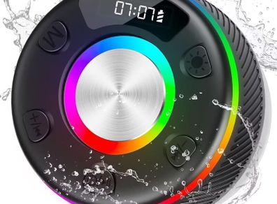 Bluetooth Shower Speaker, Portable Speakers Bluetooth 5.3 with HD Sound, IPX7 Waterproof, Colorful RGB Light/LED Display/Shower Radio/Hands-Free Call/Suction Cup, Perfect for Bathroom Sing-Along Visit the Dbasne Store