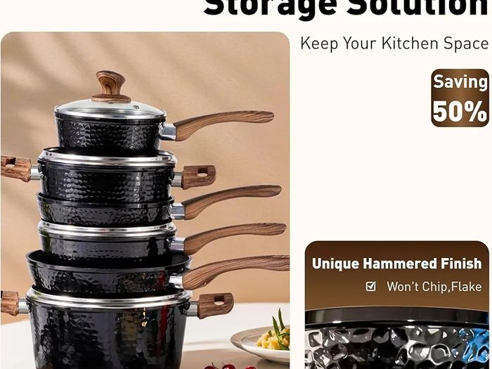 Kitchen Academy Non Stick Cookware, Pots Pans Sets with Lids 15PCS Black Induction Hob Pan Set, Saucepan Set, Granite Cookware, Nonstick Frying Pan, Cooking Pot Pancake Sets Non Toxic for All Hobs