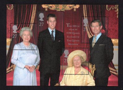 2000 Great Britain HM Queen Elizabeth The Queen Mother 100th Birthday Commemorative Stamps Miniature Sheet Mint Never Hinged (MNH)