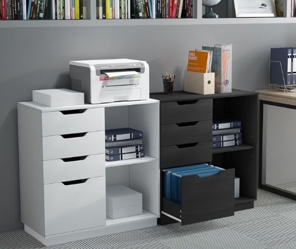 4 Drawer Wood Lateral File Cabinet, A4 Letter Size Suspension File Hanging Folder Filing Cabinet, Printer Stand with Open Storage Shelf for Office and Home,White