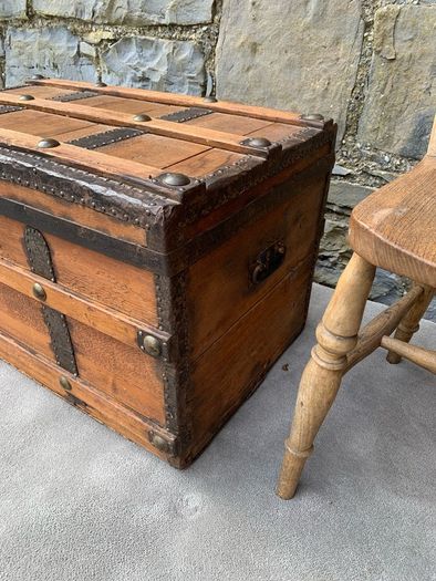 Late Victorian Antique Metal Bound Wooden Chest.