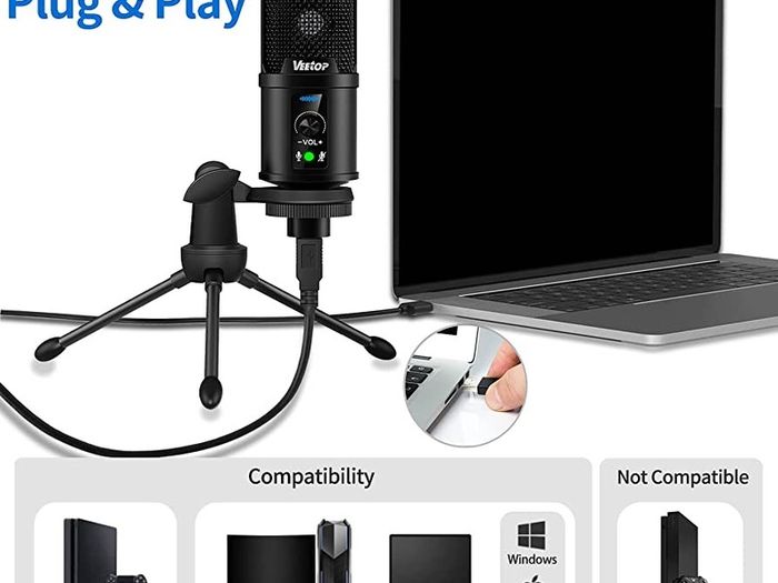USB Microphone Metal Computer Condenser PC Mic for Gaming Podcasting Streaming Recording Voiceover YouTube Skype Twitch Zoom Cardioid with Tripod Compatible with Desktop Laptop Windows MacOS (FREE POSTAGE)