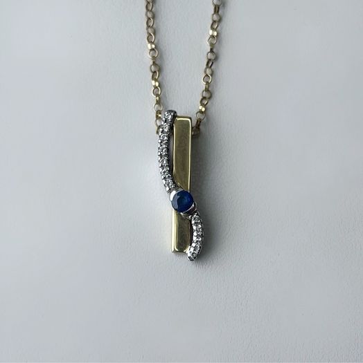Two Tone 9ct Gold 0.06ct Diamonds and Sapphire Pendant