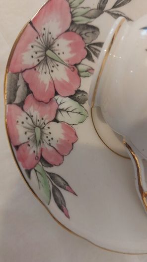 Fabulous Vintage Rare Patterned Royal Stafford Bone China Hand-Painted and Hand-Gilded Trio in a Stunning Pink Hibiscus Pattern, Pattern number 8239, Mint/Cabinet Condition