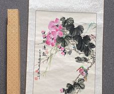 Vintage Chinese Traditional Scroll Watercolor Painting Birds Silk