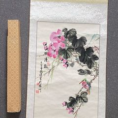 Vintage Chinese Traditional Scroll Watercolor Painting Birds Silk