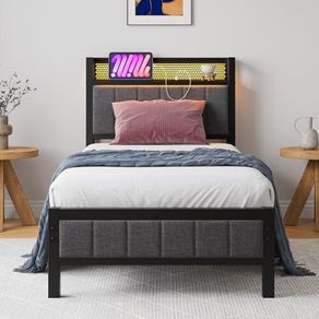 Single Bed Frames with Storage Headboard and Charging Station/LED Lights,Heavy Duty Metal Bed Frame