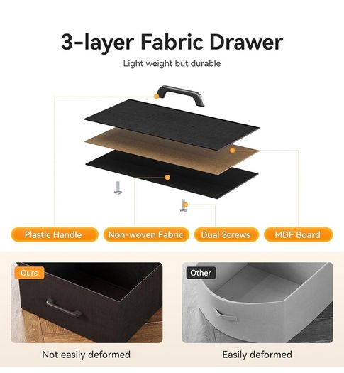 Black Chest of Drawers Bedroom, 9 Fabric Drawers, 130 x 30 x 97cm