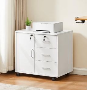 Mobile File Cabinet with 3 Drawers Lockable Office Rolling Filing Cabinet on Wheels Printer Stand Storage Lateral Stationery Under Desk Drawers for Home Office White