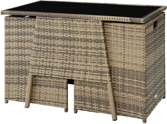_Folding Polyrattan Set for 2 People 2 Chairs and 1 Table with Glass Top