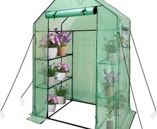 FREE EXPRESS SHIPPING Walk In Greenhouse With Shelves,Walk-In Plant Green House With Durable Green PE Cover, 3 Tiers 6 Shelves Stands with Ground Pegs & Ropes for Stability, 143x73x195cm