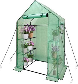FREE EXPRESS SHIPPING Walk In Greenhouse With Shelves,Walk-In Plant Green House With Durable Green PE Cover, 3 Tiers 6 Shelves Stands with Ground Pegs & Ropes for Stability, 143x73x195cm