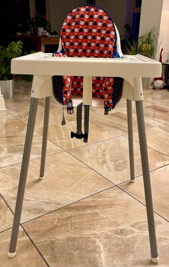 Ikea Antilop high chair with tray, safety straps, cushion and cover