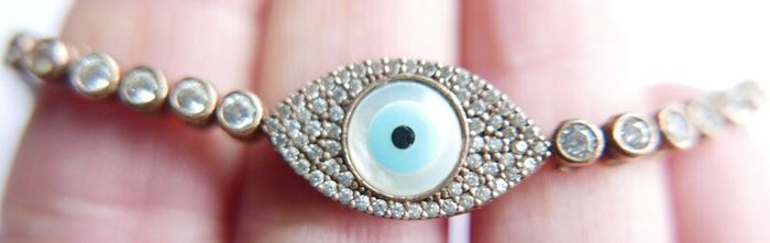 Vintage Handmade Evil Eye Tennis Bracelet: Sterling Silver 925 Gold Plated Mother of Pearl 9,4g