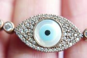 Vintage Handmade Evil Eye Tennis Bracelet: Sterling Silver 925 Gold Plated Mother of Pearl 9,4g