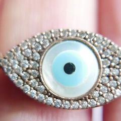 Vintage Handmade Evil Eye Tennis Bracelet: Sterling Silver 925 Gold Plated Mother of Pearl 9,4g
