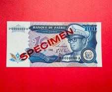 Zaire. 100 Zaire  1988  ( Specimen )  D0000000A  PICK 33AS  ( Uncirculated)