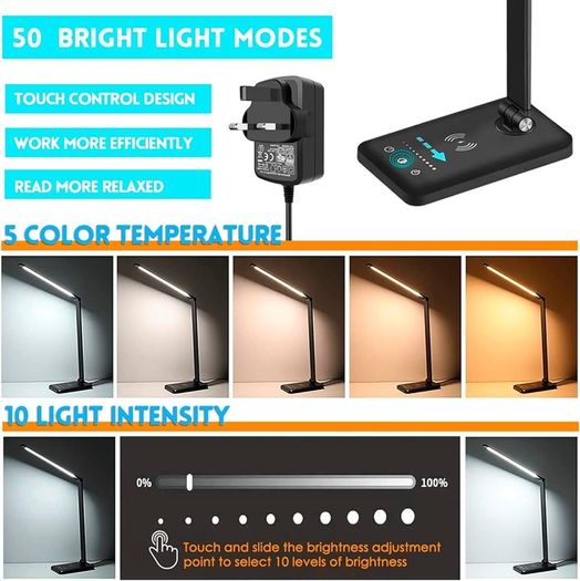 NEW SALE | LED Desk Lamp with Wireless Charger, USB Charging Port, Table Lamp with 10 Brightness, 5 Lighting Colors
