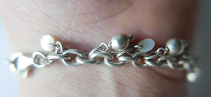 Vintage 925 Sterling Silver Charm Bracelet with Beads and Discs