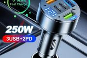 250W Fast Car Charger 3 USB + 2 PD Ports | 5 in 1 Type-C Quick Charger Adapter