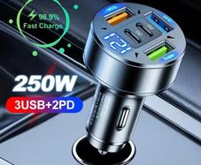 250W Fast Car Charger 3 USB + 2 PD Ports | 5 in 1 Type-C Quick Charger Adapter