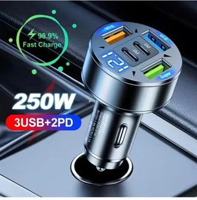 250W Fast Car Charger 3 USB + 2 PD Ports | 5 in 1 Type-C Quick Charger Adapter