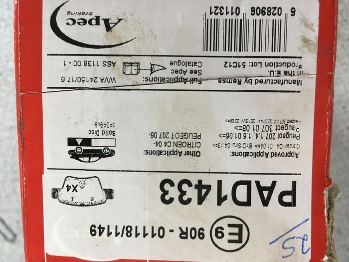 PAD1433 APEC braking Brake Pad Set,disc brake CitroenC4/Peugeot207/307