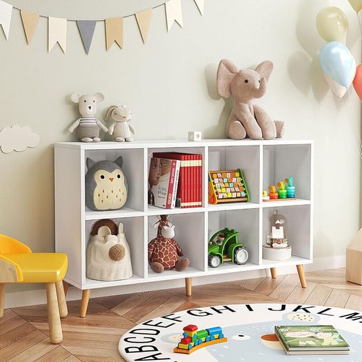 2 Tier Retro Bookcase with Legs 8 Cube Bookshelf 120cm Wood Bookshelves Storage Organizer Shelf, Freestanding