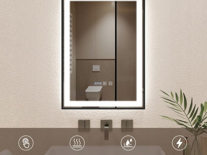 LED Bathroom Mirror Antifog Black Frame Clock