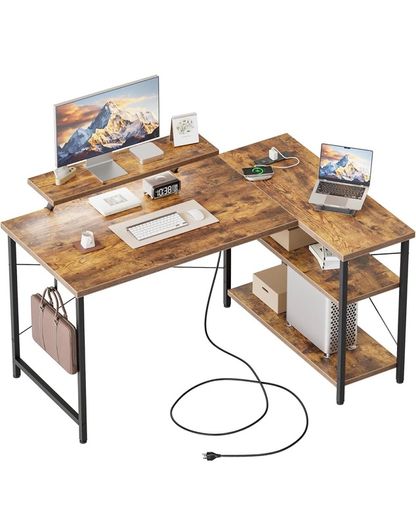 L-Shaped Desk with LED, 120x70cm Computer Desk with Monitor Stand