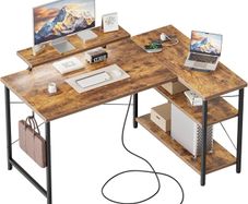 L-Shaped Desk with LED, 120x70cm Computer Desk with Monitor Stand