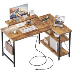 L-Shaped Desk with LED, 120x70cm Computer Desk with Monitor Stand