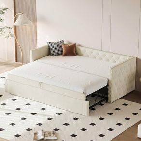 Bed 90 x 200 cm with Pull-Out Guest Bed, Sofa Bed, Extendable Sofa Bed, Velvet Fabric, Space-Saving Day Bed for Guest Room/Living Room (Mattress Not Included