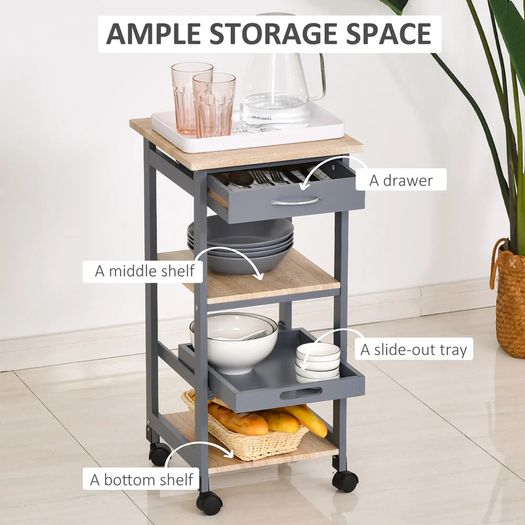 Multi-tier Rolling Kitchen Trolley Serving Cart with 3-Bottle Wine Rack, 1 Drawer, 1 Tray