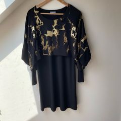 NAYA Layered Overlay Dress Black & Gold Metallic Marble Print