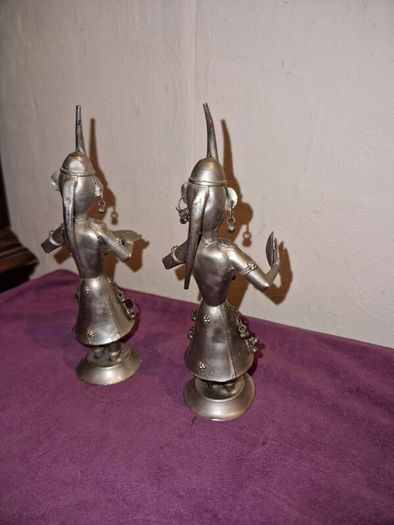 Pair of Antqiue Indian Hindu silver tone Musician Figures