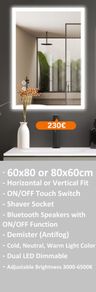 LED Bathroom Mirror Shaver Socket Antifog Speakers
