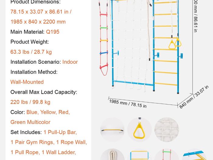 Wall Gym for Kids 7 in 1 Steel Indoor Kids Gym for Exercise Climbing Toys
