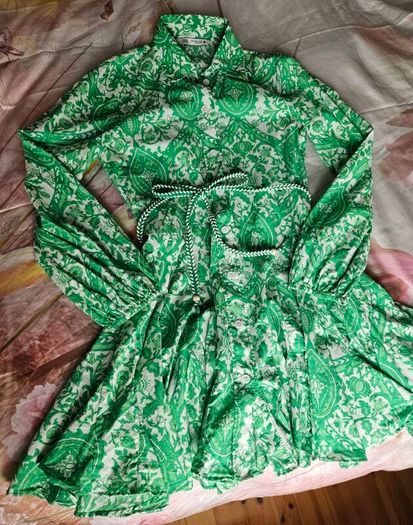 ZARA Green Paisley Floral Print Mini Shirt Dress XS