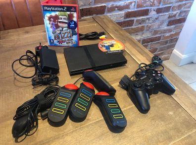 PS2 - Sony Black Ps2 Slim with Buzz Controllers and 2 Buzz games #358