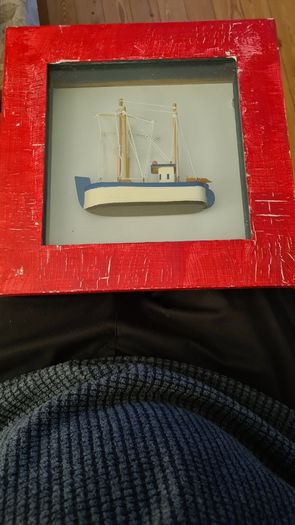 MODEL Fisfing Boat Trawler Framed Behind Glass. In Good Condition.